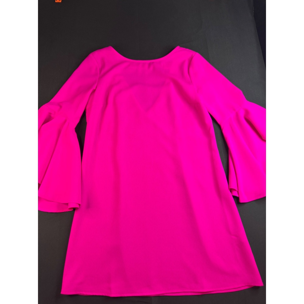 Hot Pink Tiered Bell Sleeve V-Neck Mini Shift Dress Neon Magenta Medium CD8232